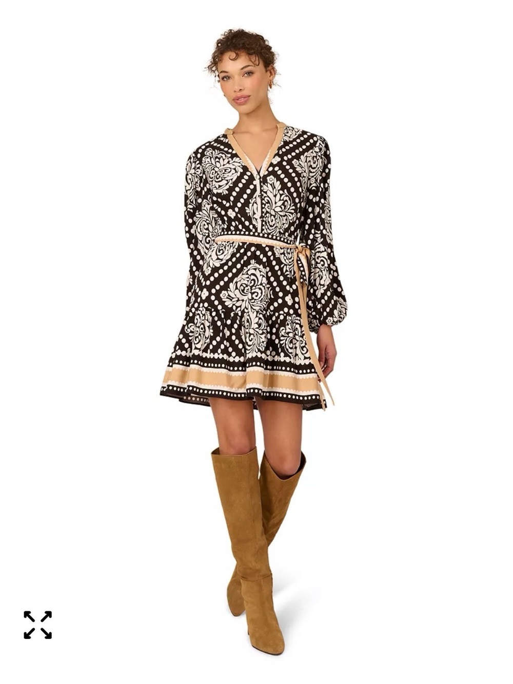 Adrianna Papell Black & White Printed Long-Sleeve Dress with Tan Trim